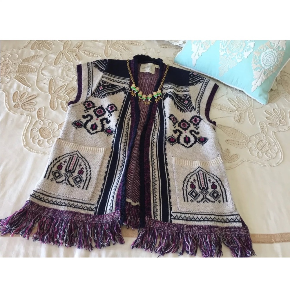 Anthropologie $148 fringed cardigan sweater wool cottagecore lagenlook boho